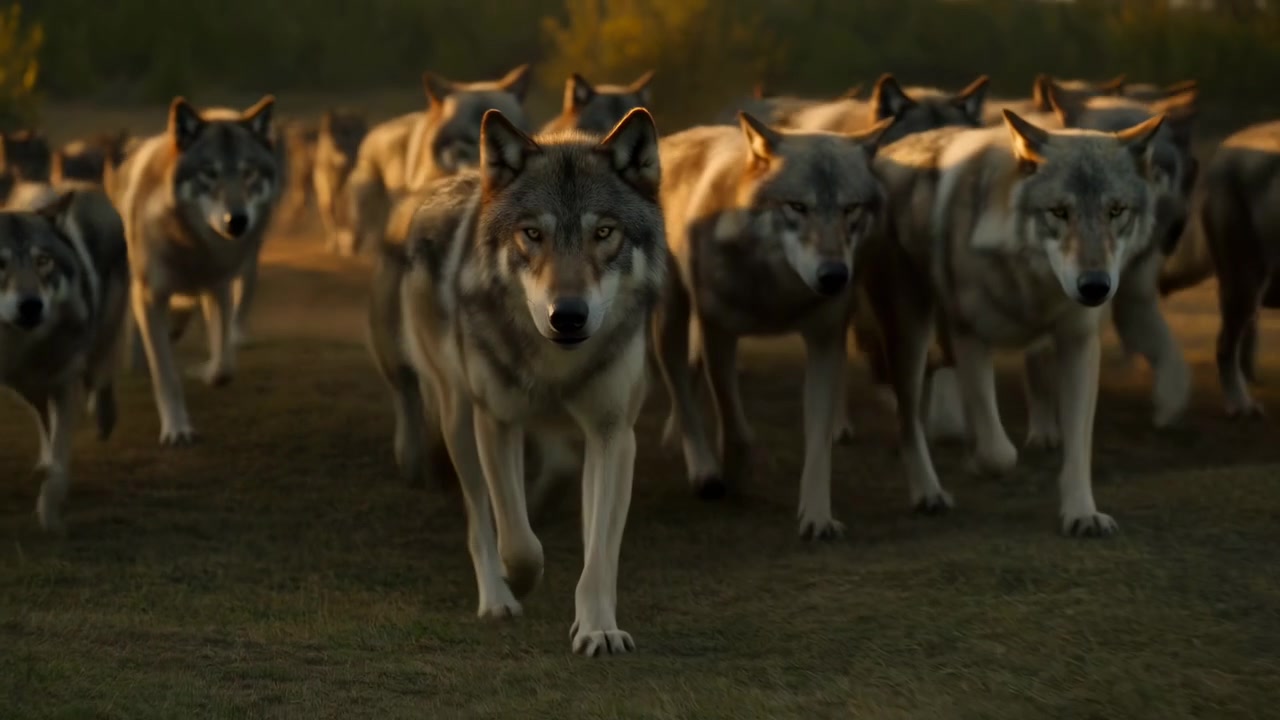 Large wolf pack moves toward camera across grassy woodland clearing at golden hour, with lead gray wolf centered in front, focused gaze, dense fur texture, blurred trees, warm rim light, and strong
