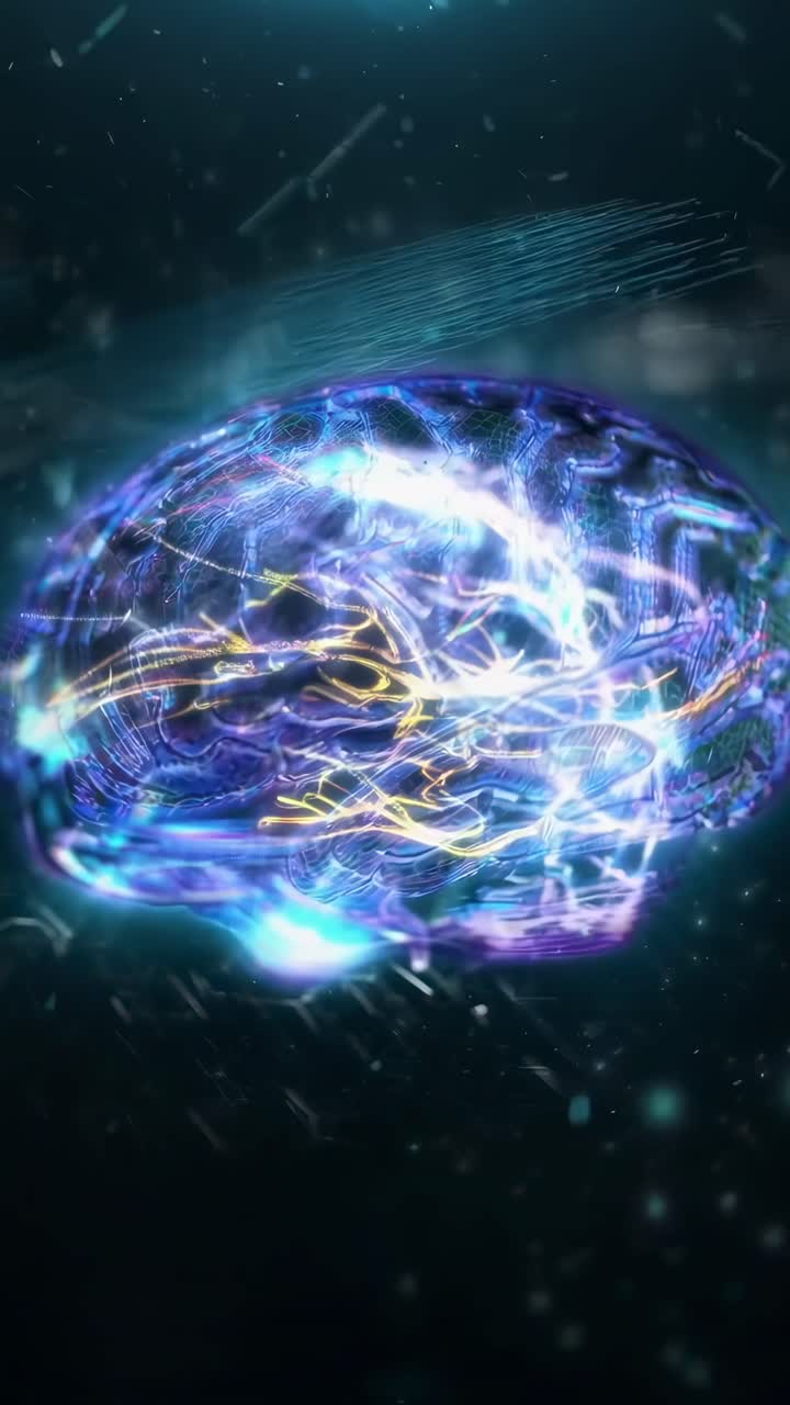 Concept video futuristico di un cervello luminoso ripreso dall'alto, che evidenzia le connessioni neurali.