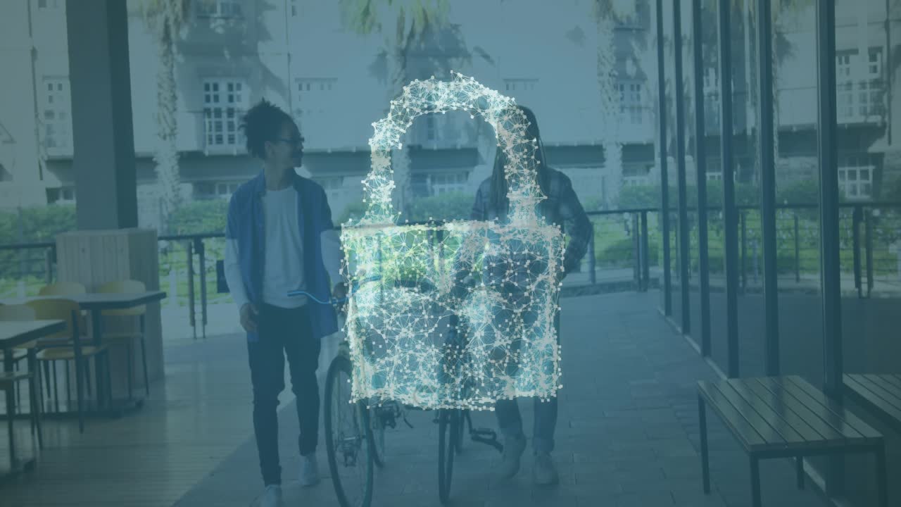 Two men are walking down the street with bicycles
