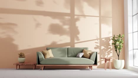 moderno apartamento sala de estar con sofá y sombras nubes moviéndose en la pared por suavemente viento de verano brisa renderización animación arquitectura concepto de diseño de interiores