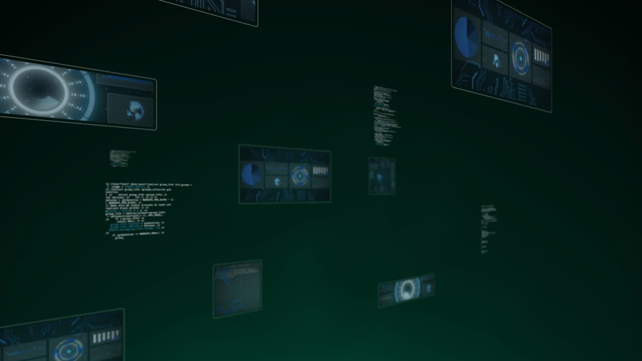Animation of scopes and data processing over dark background