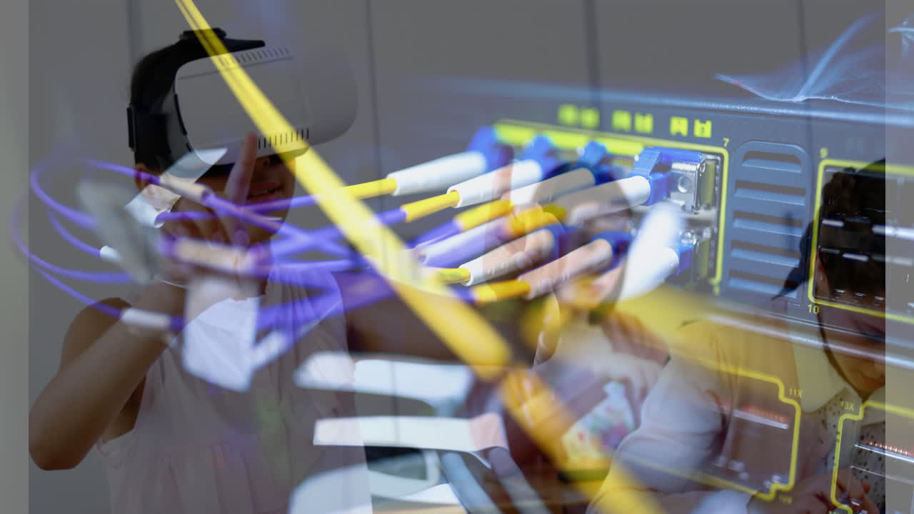 vr 헤드 ⁇ 을 사용하는 두 인종의 소녀를 통해 서버  ⁇ 의 애니메이션