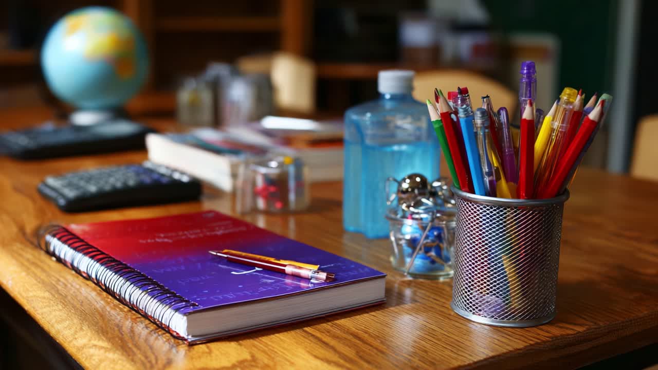 A Cozy Learning Environment Showcases Organized Study Supplies, Including Notebooks, Writing Utensils, and Educational Tools on a Wooden Desk