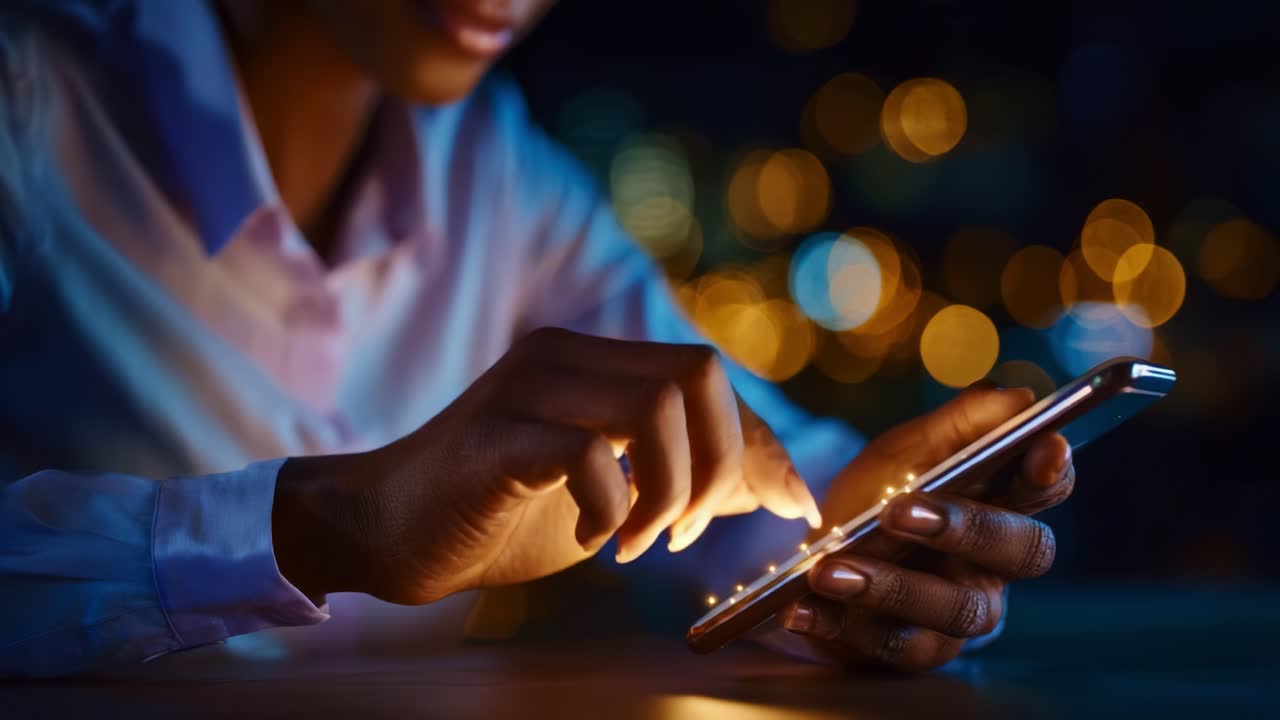 A Close-Up View of a Person Interacting with a Smartphone in a Dimly Lit Environment, Highlighting the Connection Between Technology and Communication