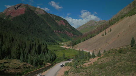 Luftdrohne,-Filmisch,-Eis,-Seebecken,-Ausgangspunkt,-Fahren-Mit-Wohnmobil,-Kreisstraße,-Fluss,-Sommer,-Früher-Morgen,-Silverton-Telluride,-Colorado,-Rocky-Mountains,-Espenwald,-14er-Gipfel,-Vorwärts,-Folgebewegung