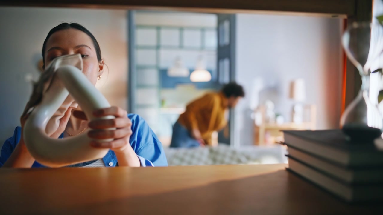 Closeup woman cleaning ceramic vase home. Couple tidying living room together.