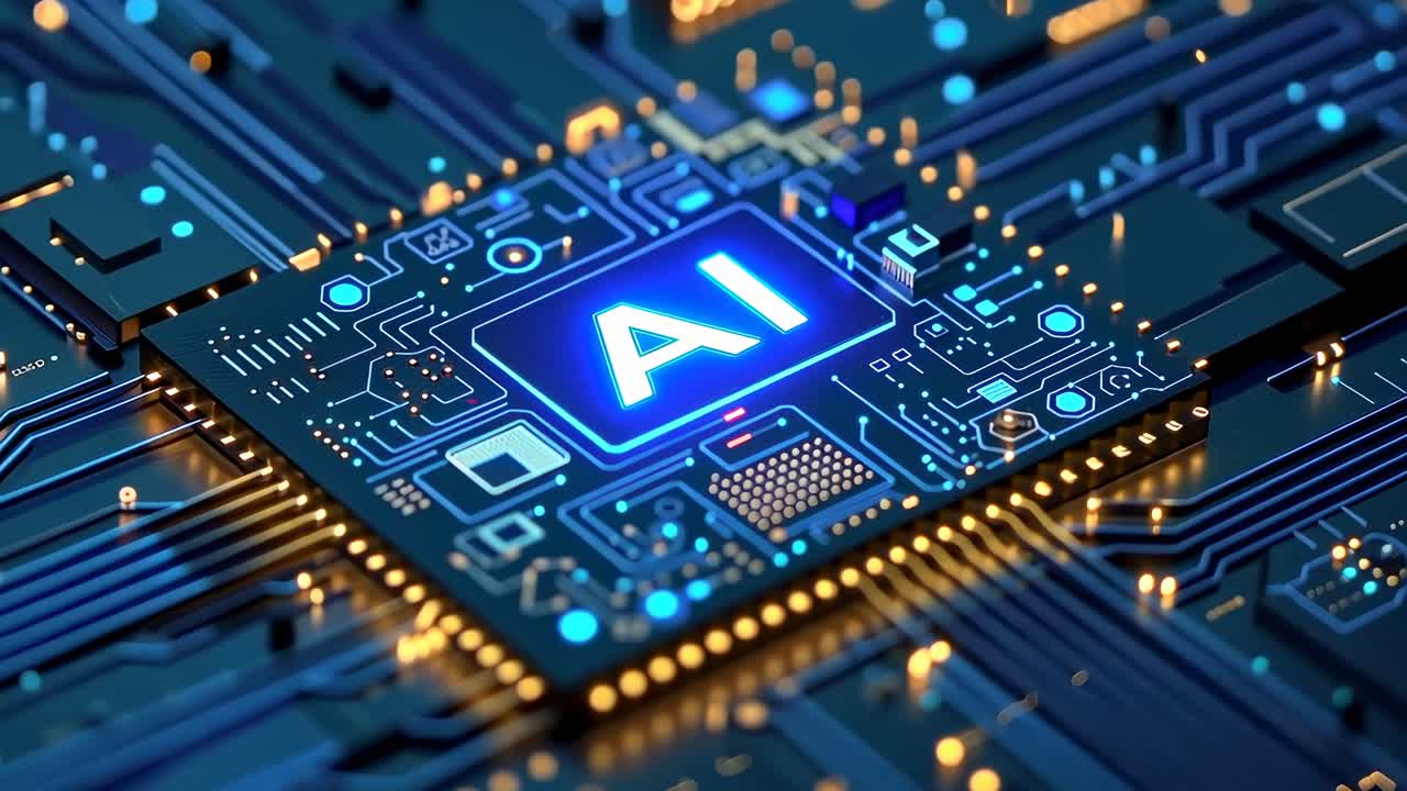 Aerial view of a glowing AI chip on a circuit board, showcasing futuristic technology