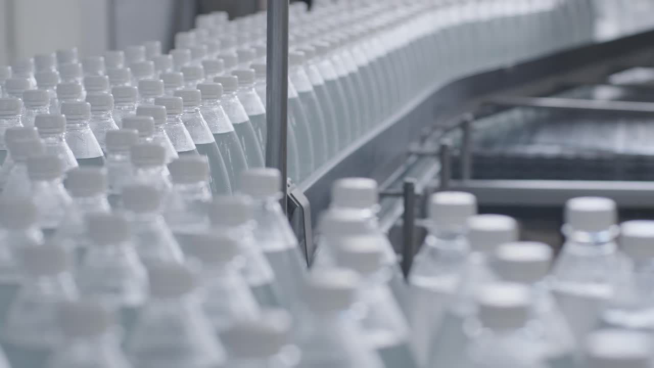현대 음료 공장 에서 음료 물 병 을 담은 컨베이어 벨트