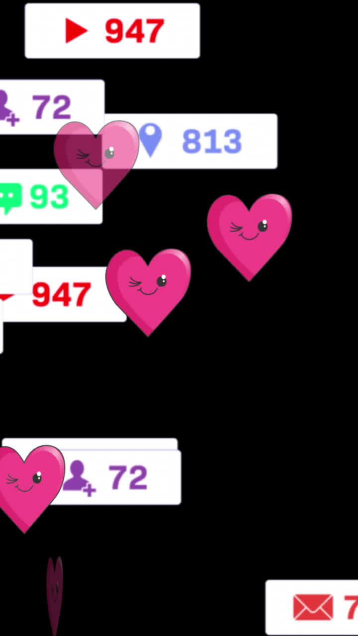 animación de corazones y reacciones en las redes sociales sobre un fondo negro