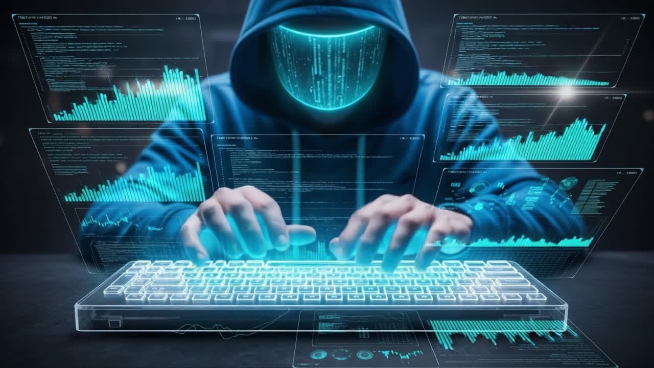 A Mysterious Coder Engaged in Cyber Activities with Holographic Interfaces Displaying Complex Data and Codes, Surrounded by Digital Visualization in a Dark Environment