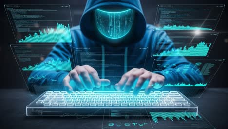 a mysterious coder engaged in cyber activities with holographic interfaces displaying complex data and codes, surrounded by digital visualization in a dark environment