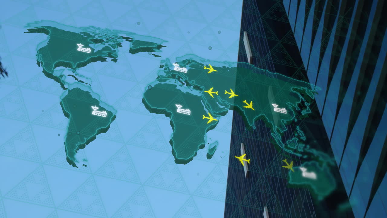 Animation of world map with plane icons and digital data processing over office building