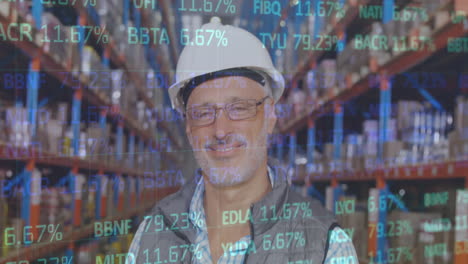 animation of stock market over man working in warehouse