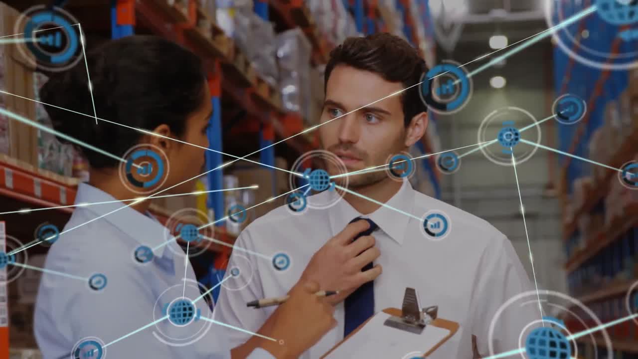 animación de una red de iconos sobre diversos supervisores masculinos y femeninos discutiendo en el almacén