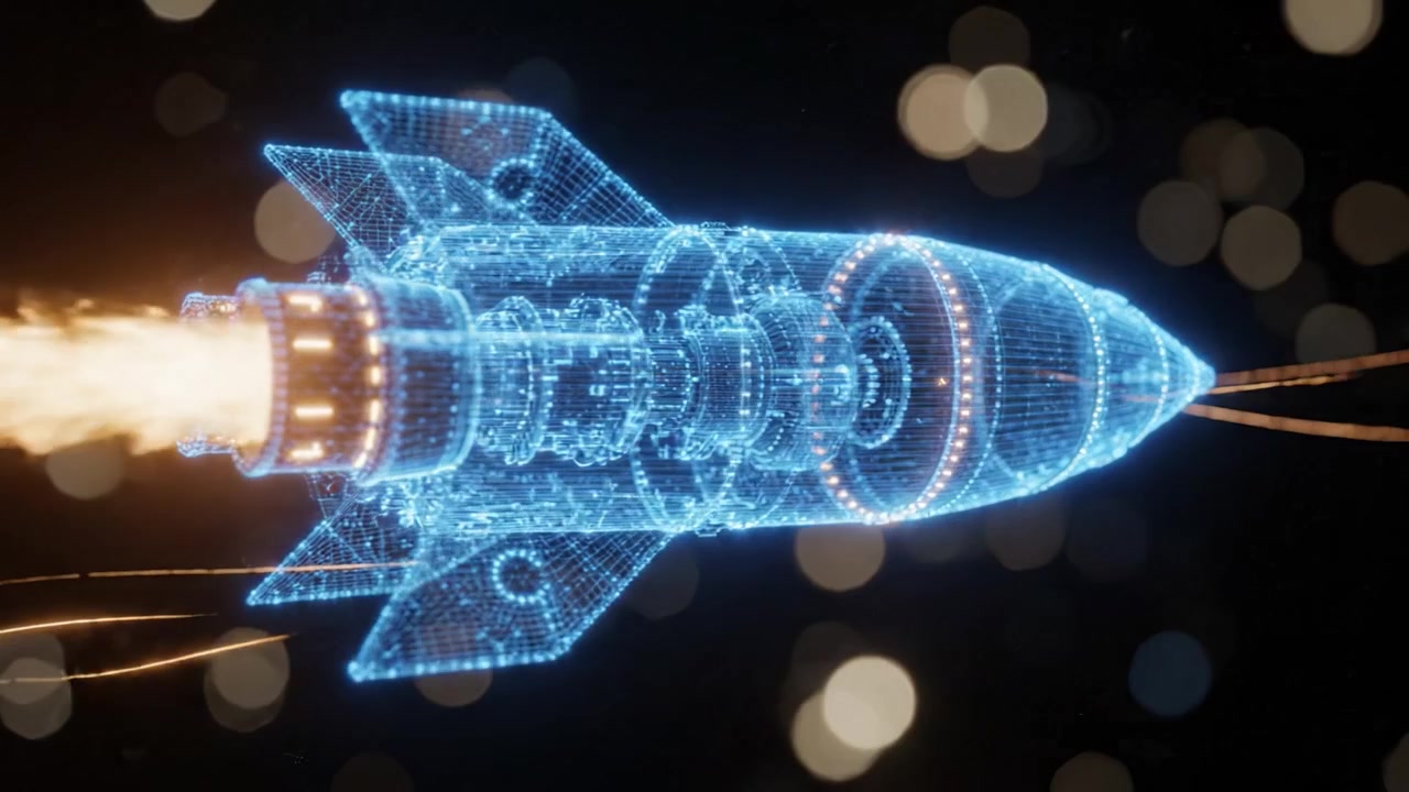 A Stunning Visualization of a Futuristic Rocket Launching into Space with Glowing Trails and Vibrant Effects, Highlighting Advanced Technology and Design Elements
