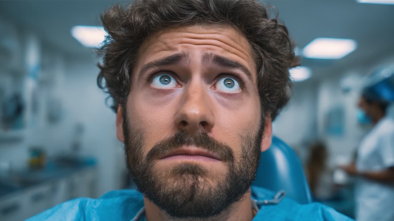 Anxiety and Anticipation: A Man's Nervous Expression in the Dental Chair Captured Through Two Key Frames Highlighting the Emotion of Dental Visits