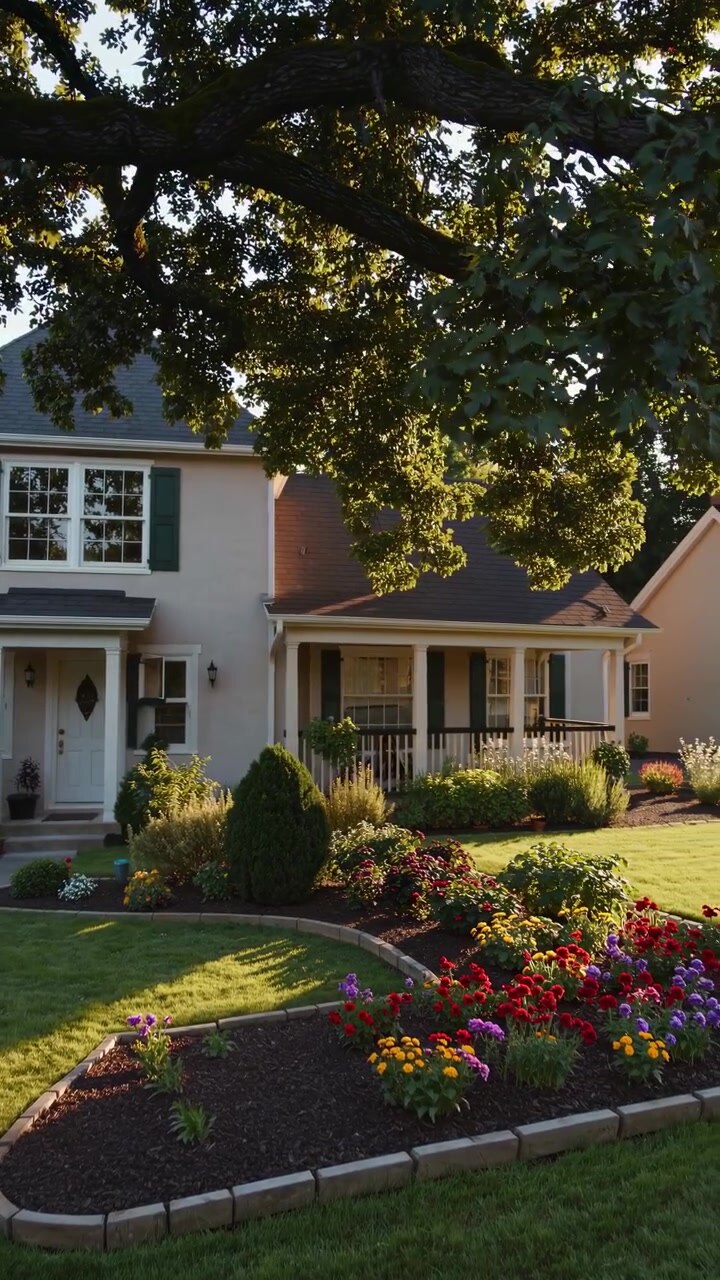 Bella casa suburbana con giardino lussureggiante e grande albero