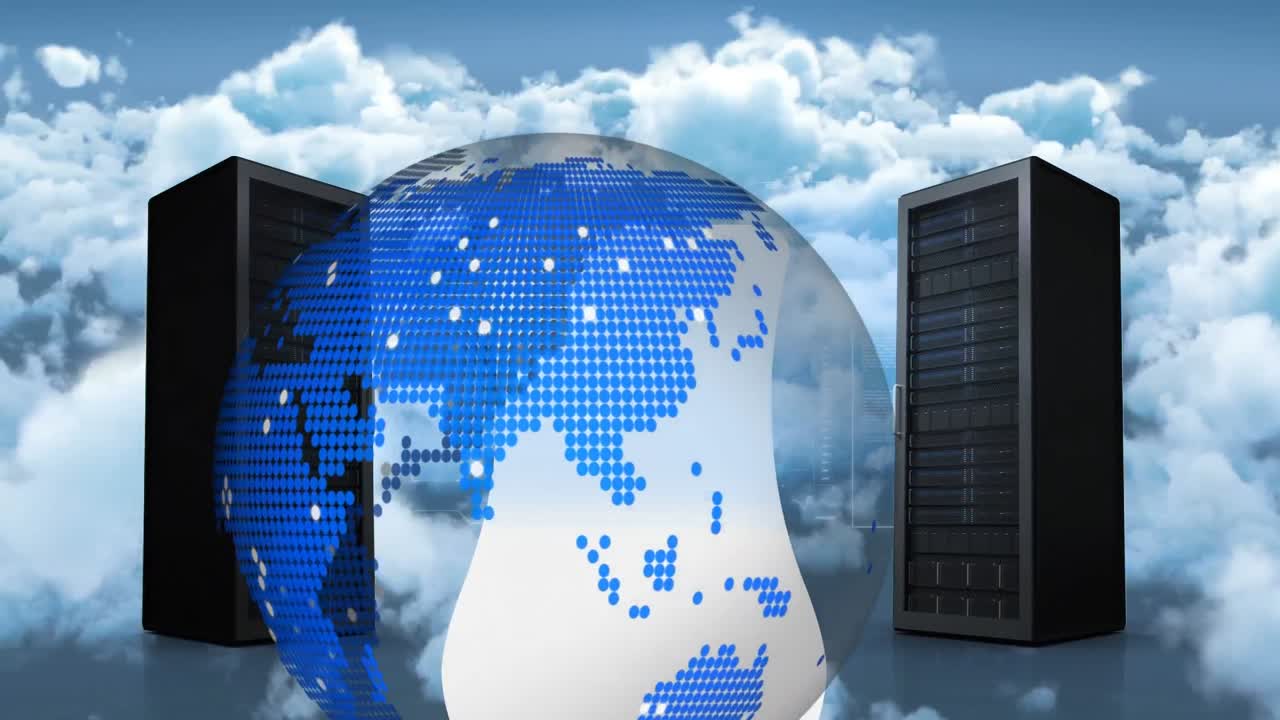 animación de servidores de computadora y globo sobre nubes y cielo