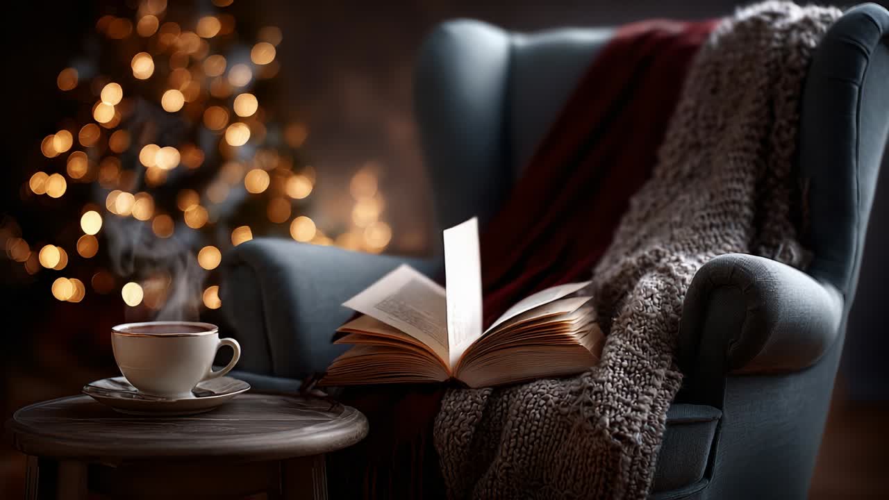 A Cozy Winter Scene Featuring a Comfortable Armchair, a Warm Cup of Tea, an Open Book, and a Beautifully Adorned Christmas Tree in the Background, Perfect for Relaxation and Enjoyment