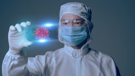 medical scientist covid vaccine researcher wearing mask and suit with smart mobile virus analysis, medical laboratory iot technology ai mobile health care digital futuristic presentation.