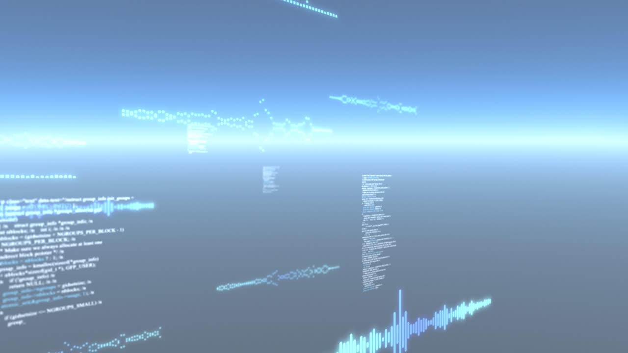 Animation of data processing and particles recording on glowing blue background