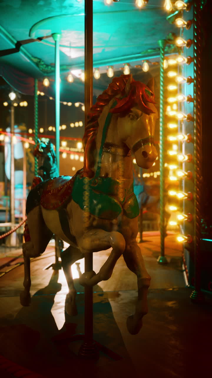un primer plano de un caballo de carrusel de madera iluminado por coloridas luces de hadas por la noche