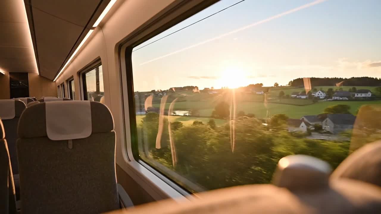 Interno di un treno con vista esterna della foresta con effetto mosso.