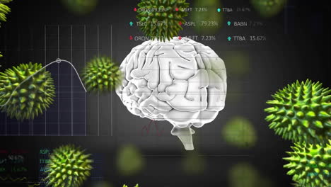 animación de cerebro giratorio sobre células y procesamiento de datos en fondo negro