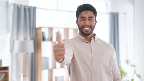 face, thumbs up and business man in office