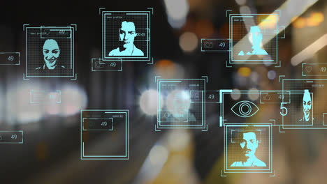 animation of biometric photos and data processing over out of focus road traffic