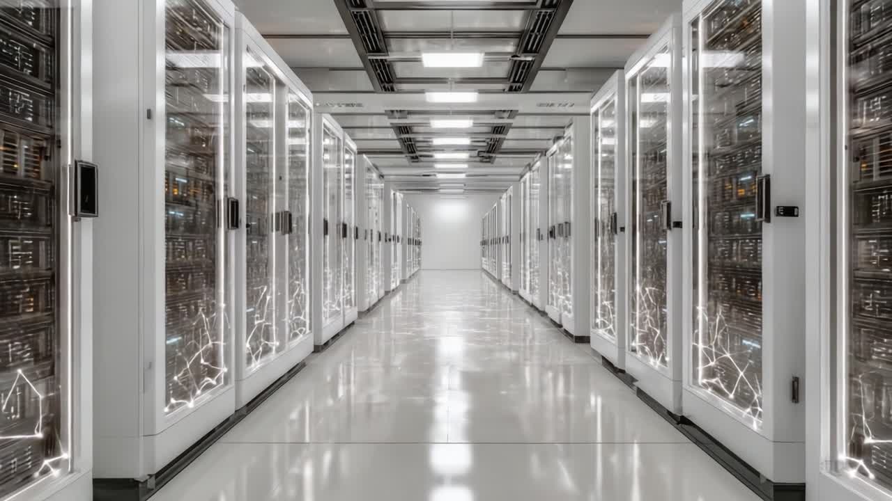 Advanced Data Center Interior with Illuminated Server Racks and Networking Features, Showcasing Modern Technology and Efficient Design