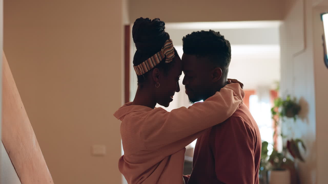Hug, dance and African couple in home for bonding