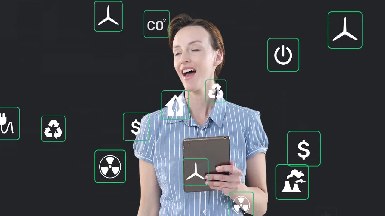 디지털 태블릿을 사용하는 놀라운 백인 여성 위에 떠다니는 여러 디지털 아이콘의 애니메이션