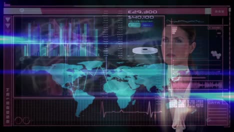 animación de mapas, gráficos, lente sobre una mujer de negocios caucásica usando tecnología futurista.