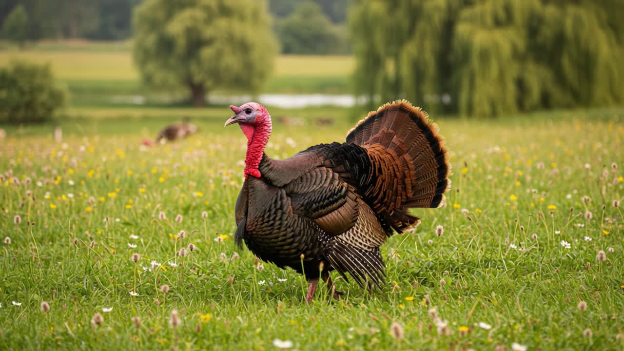 A Wild Turkey Strutting Through a Vibrant Meadow, Showcasing Its Colorful Plumage and Unique Features in a Serene Natural Environment