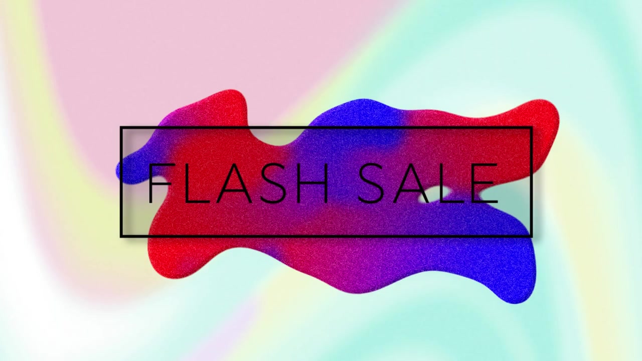 Animação digital de texto de promoção relâmpago sobre uma forma líquida colorida contra um fundo colorido