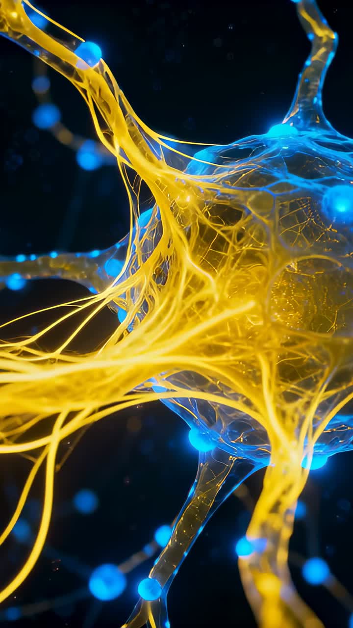 Vertical video: Pulsing soma taking yellow axon pulses for signal in dark void, blue nodes glowing