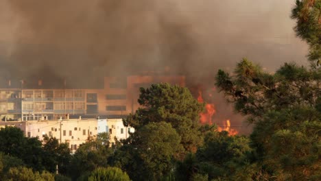 humo oscuro y llamas del fuego en la fábrica de corcho cerca de edificios residenciales