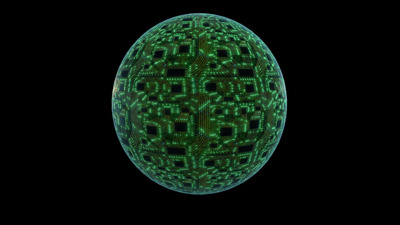 3D digital concept, sphere planet with circuit board and cpu. Digital neural network. CPU power ripple