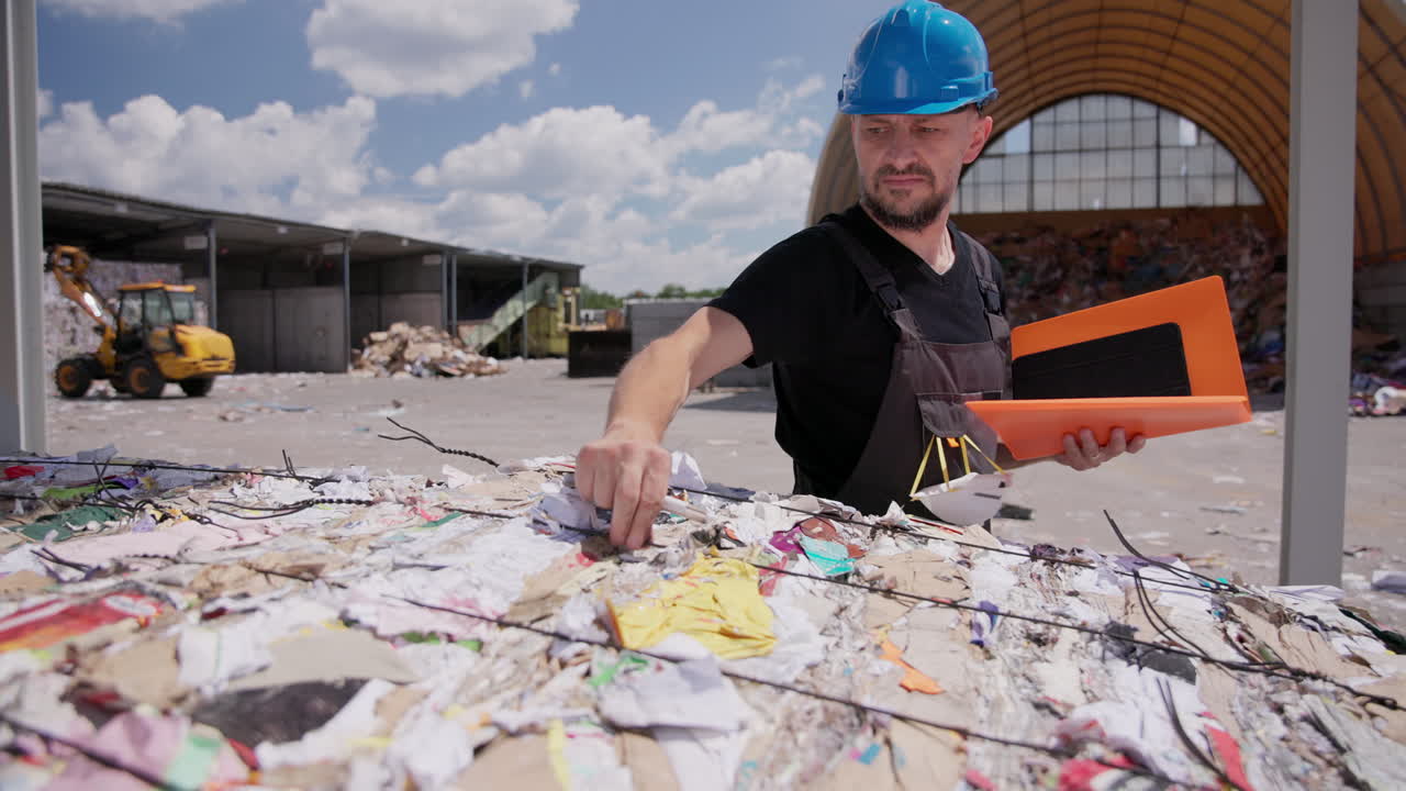 sloomo cercano de un trabajador que inspecciona las balas de papel en una instalación de reciclaje