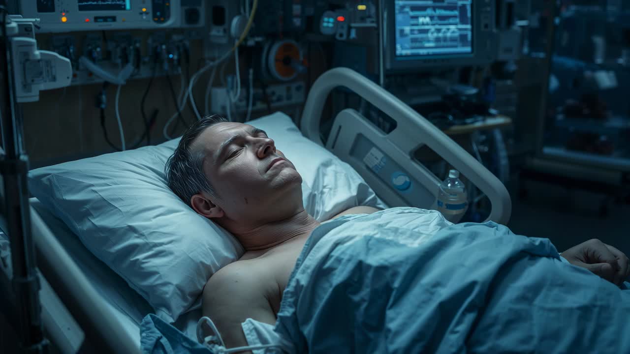 Homem de meia-idade deitado com o peito nu recebendo monitoramento enquanto respira na UTI, com monitor