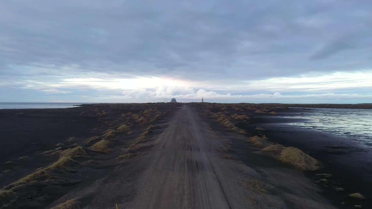 Remote Gravel Path Leading to Ocean Black Sand Beach Iceland Landscape