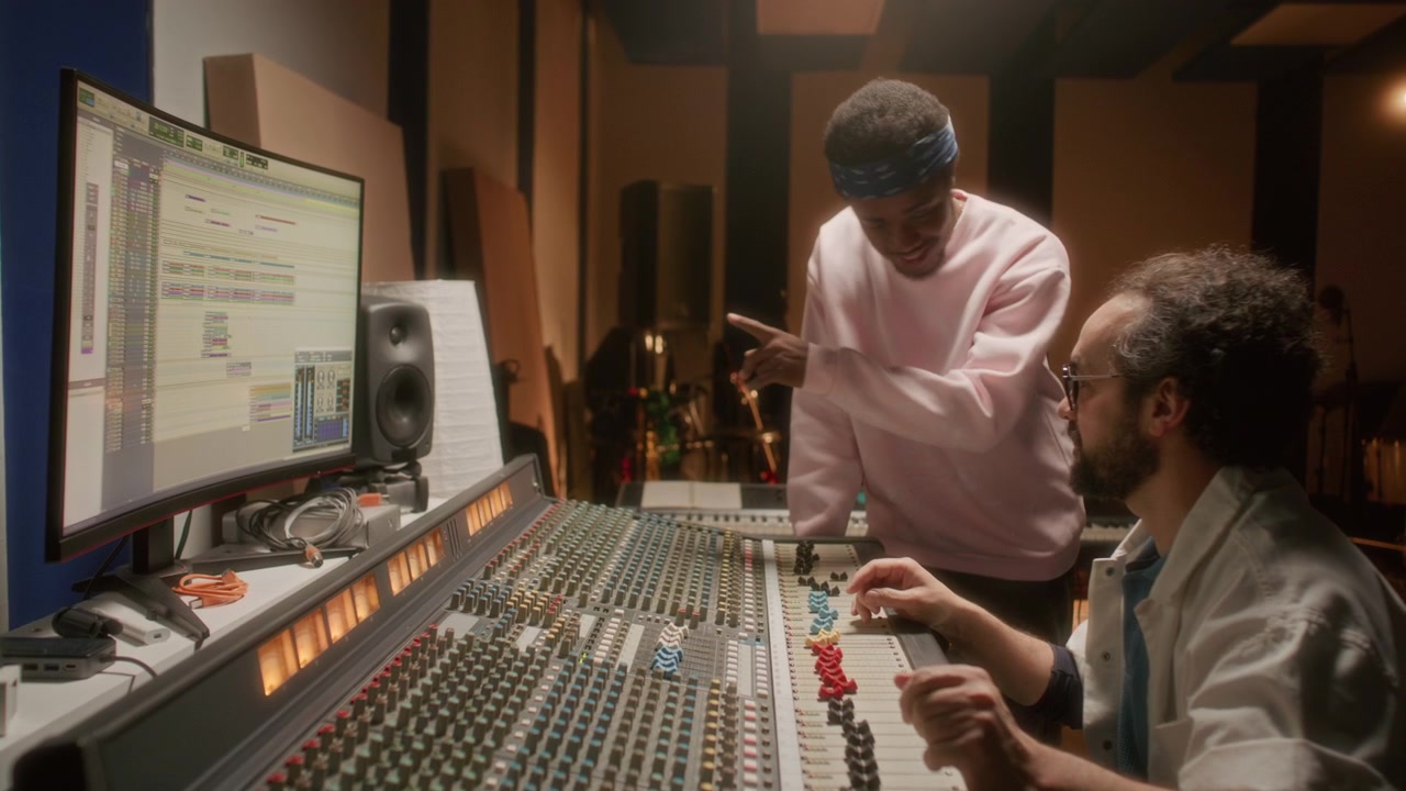 Sound Engineer and Rapper Working on Audio Tracks in Music Recording Studio