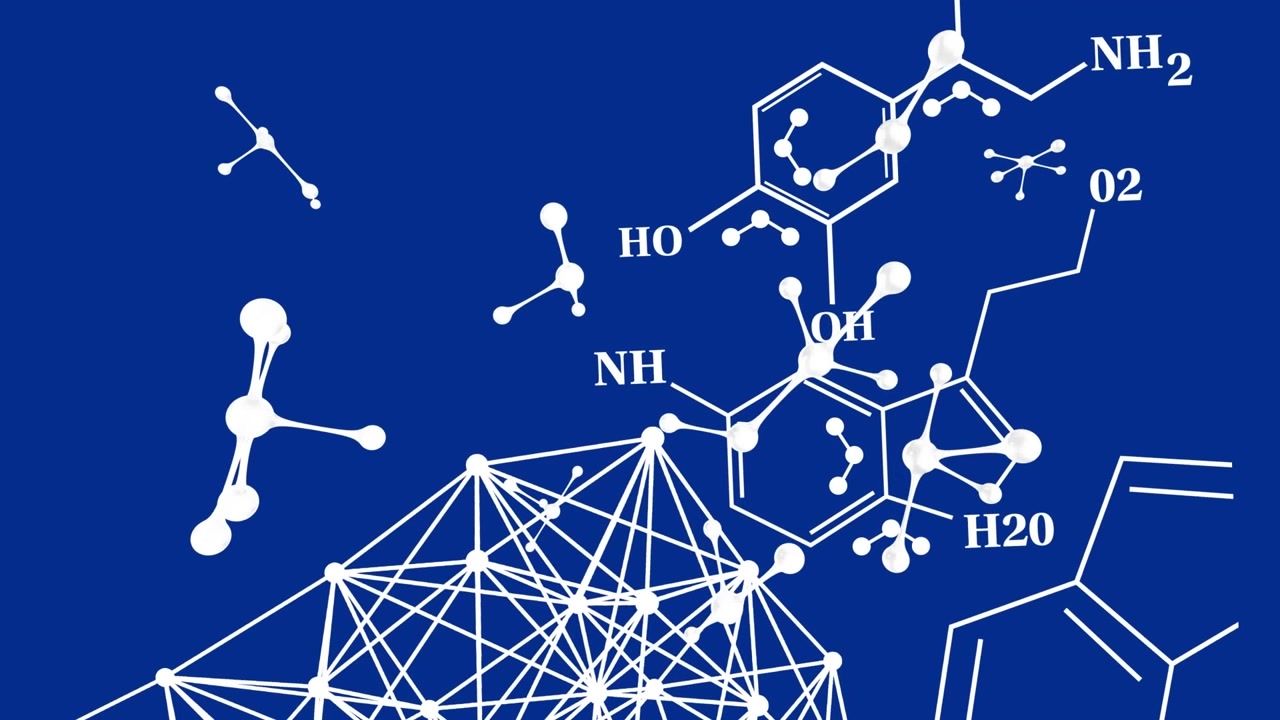Animation of molecules and chemical formula over blue backgound