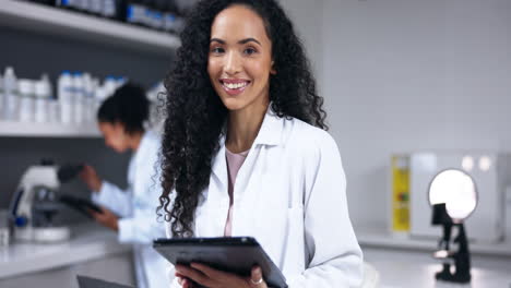 Tablet,-research-and-scientist-woman-in-laboratory