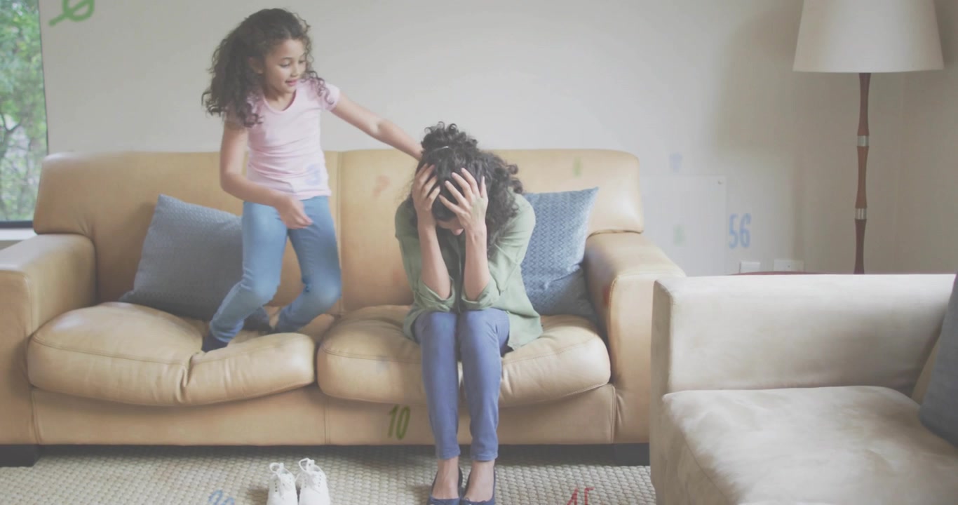 Daughter entering left hopping toward mother on couch seeking health while numerals tracking motion