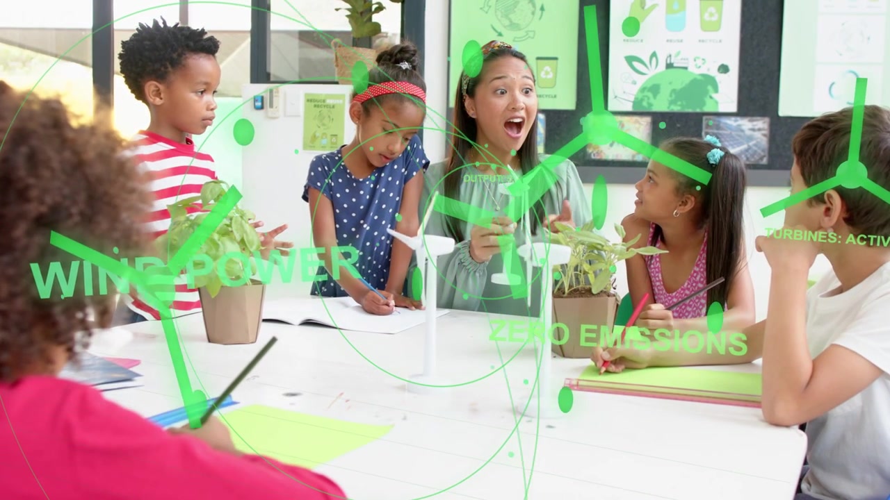 Teacher holding wind turbine model causing green AR growing over table, kids writing holding plants