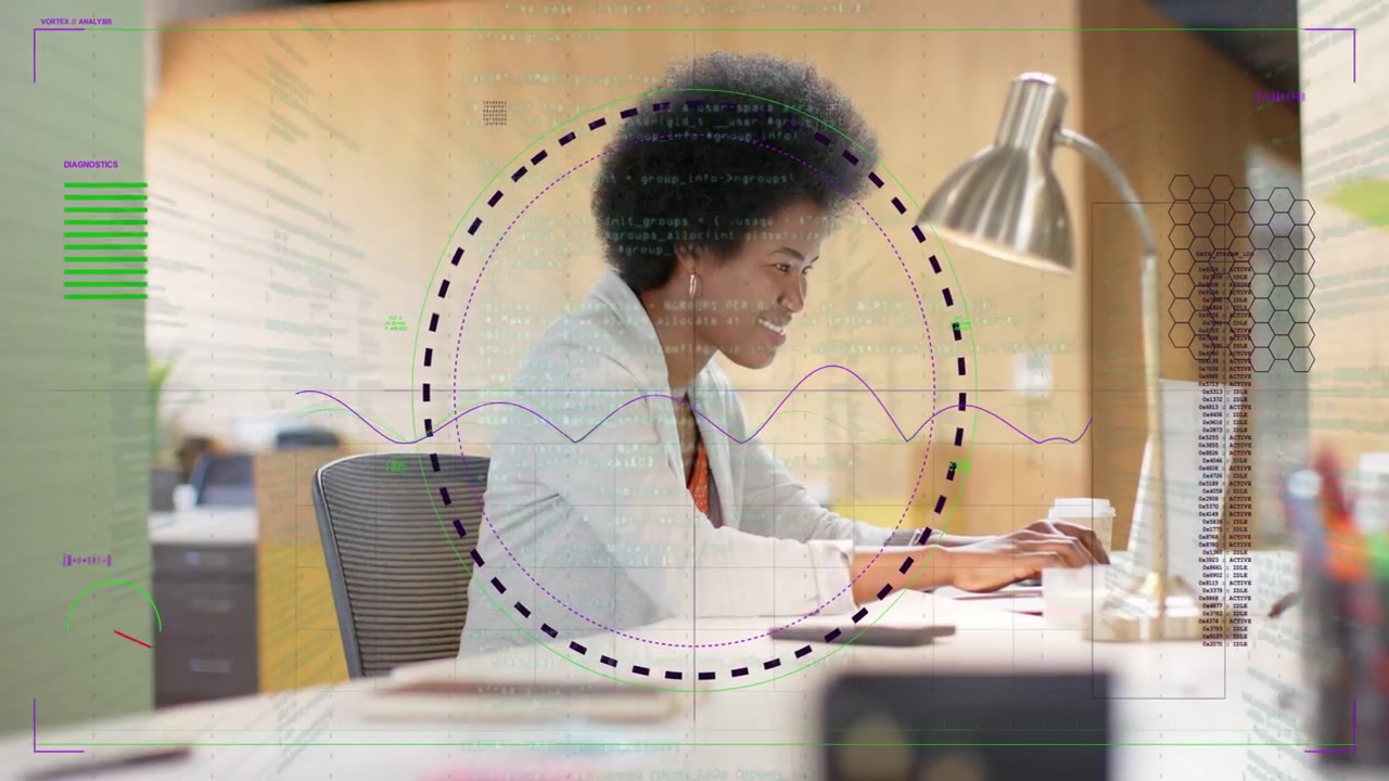 Woman pausing, reaching for laptop, typing while rings growing around her, working on business task