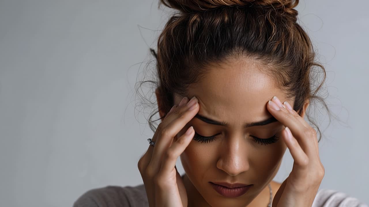 Vrouw grijpt naar haar slapen, ogen gesloten, in ongemak. Haar wenkbrauwen fronsen, lippen licht geopend, toon van pijn of stress. Zachte belichting benadrukt haar zachte uitdrukking tegen een neutrale achtergrond.