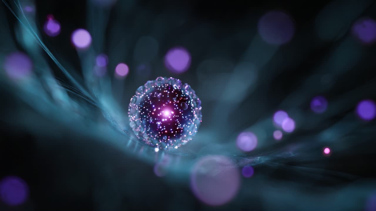 Una vista ipnotica di una sfera eterea e luminosa circondata da particelle vibranti, che rappresenta la bellezza dei mondi microscopici e i misteri dell'universo
